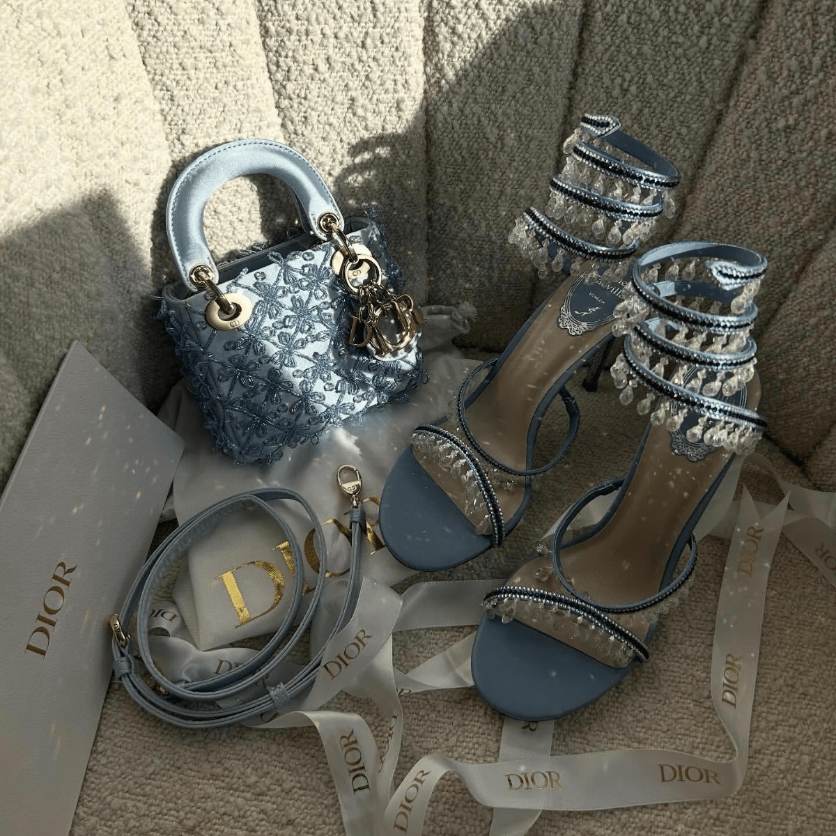 Lady Dior Micro Blue & René Caovilla Crystal Sandals Set
