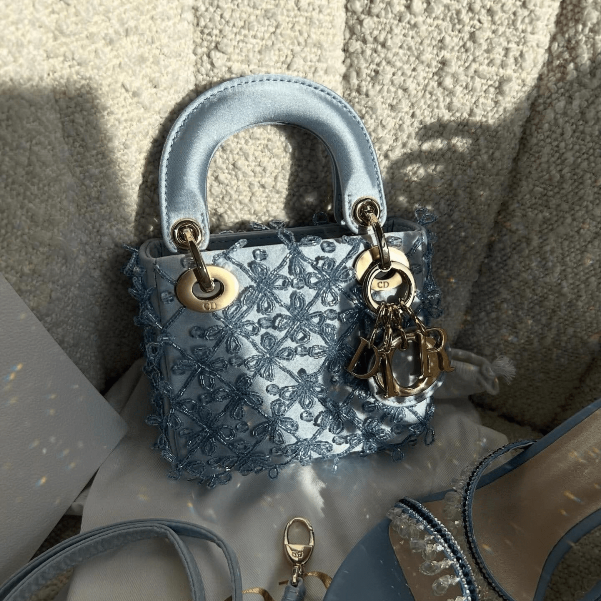 Lady Dior Micro Blue & René Caovilla Crystal Sandals Set